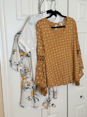 Boho Lace-Trim Peasant Blouse - Mustard Floral